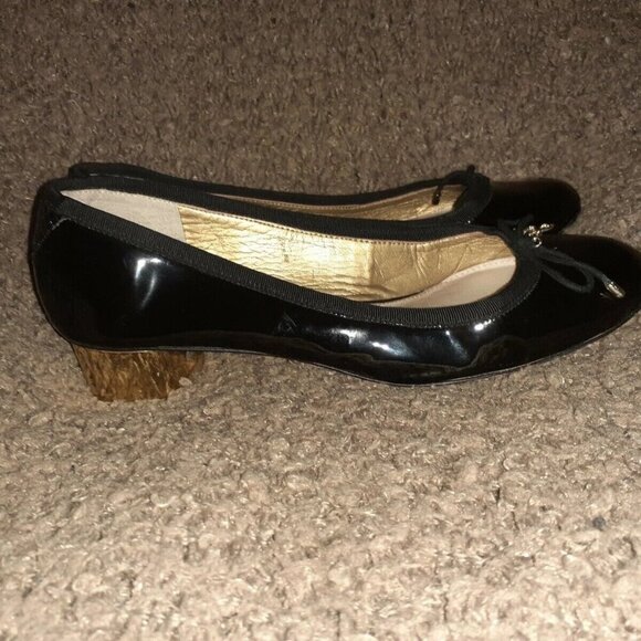 SAM EDELMAN-Natalie-Black Patent Leather-Ribbon Trim-Bow-Gold Heel-7.5-Near Mint - Picture 5 of 8